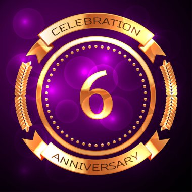 Altın yüzük ve mor zemin üzerine şerit ile altı yıl yıldönümü kutlama.