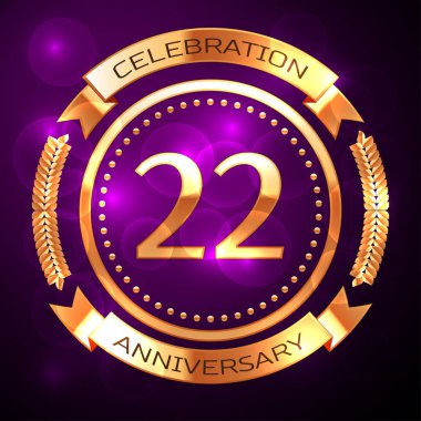 Yirmi iki yıl yıldönümü kutlamaları altın yüzük ve mor zemin üzerine şerit.