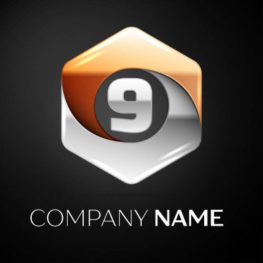 Dokuz numaralı vektör logo simge renkli siyah arka plan üzerine altıgen. Tasarımınız için vektör şablonu