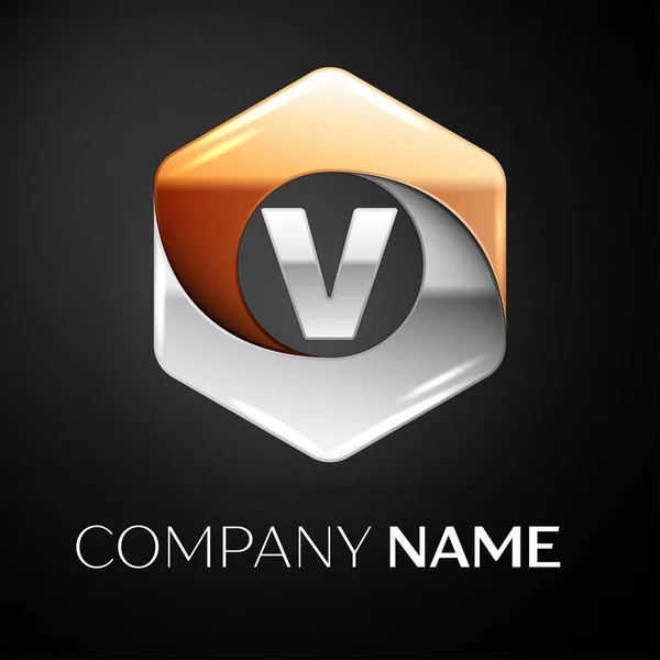 Letra V símbolo del logotipo del vector en el colorido hexagonal sobre fondo negro. Plantilla vectorial para su diseño — Archivo Imágenes Vectoriales