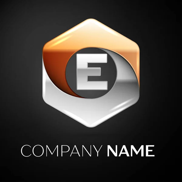 Символ векторного логотипа буквы E в красочном шестиугольнике на черном фоне. Векторный шаблон для Вашего дизайна — стоковый вектор