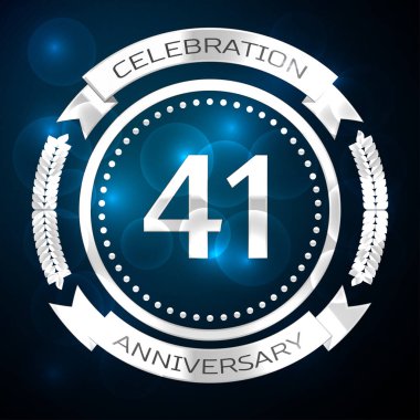 Kırk bir yıl yıldönümü kutlamaları gümüş yüzük ve şerit üzerinde mavi arka plan ile. Vektör çizim