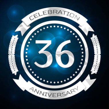 Otuz altı yıl yıldönümü kutlamaları gümüş yüzük ve şerit üzerinde mavi arka plan ile. Vektör çizim