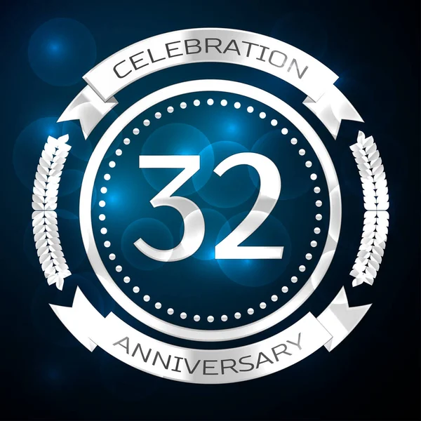 Treinta y dos años de celebración del aniversario con anillo de plata y cinta sobre fondo azul. Ilustración vectorial — Archivo Imágenes Vectoriales