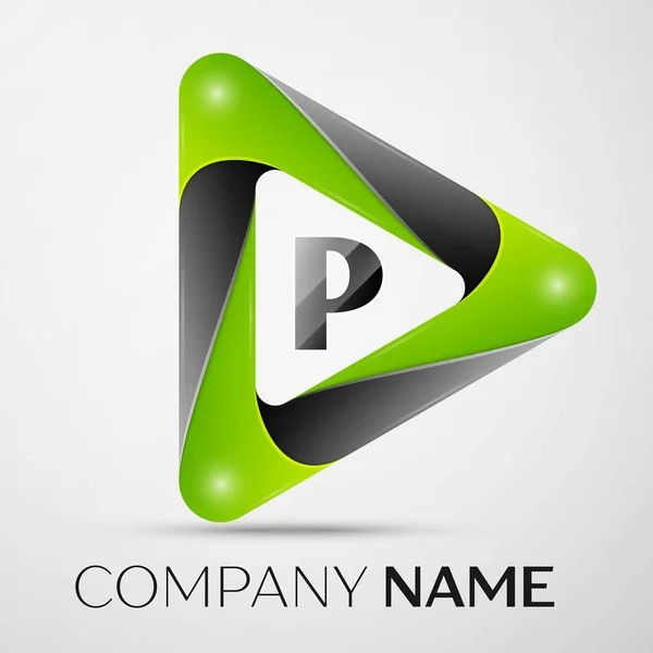 Symbole du logo vectoriel de la lettre P dans le triangle coloré sur fond gris. Modèle vectoriel pour votre conception — Image vectorielle