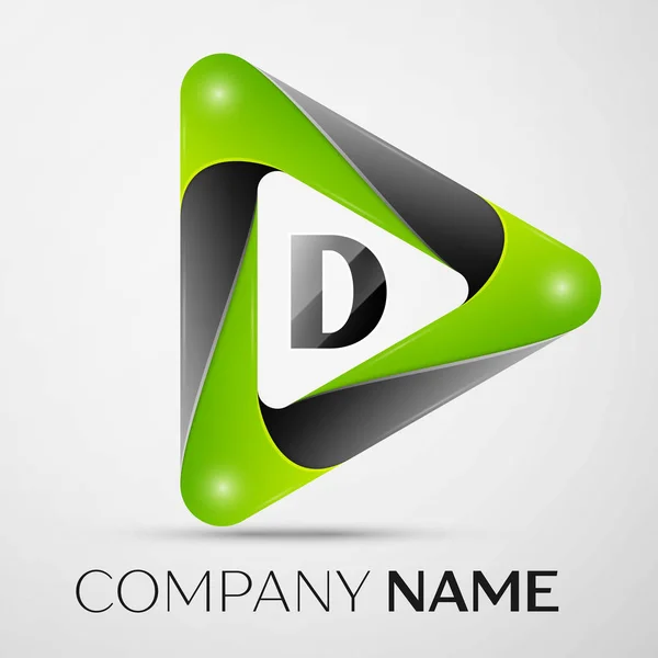 Písmeno D vektorové logo symbol v barevné trojúhelníku na šedém pozadí. Vektor šablona pro návrh — Stockový vektor