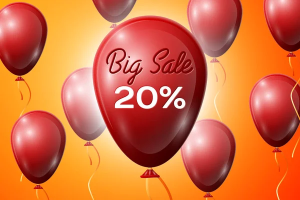 Red Balloons with an inscription Big Sale twenty percent Discounts. SALE concept for shops store market, web and other commerce. Vector illustration. — Stock Vector