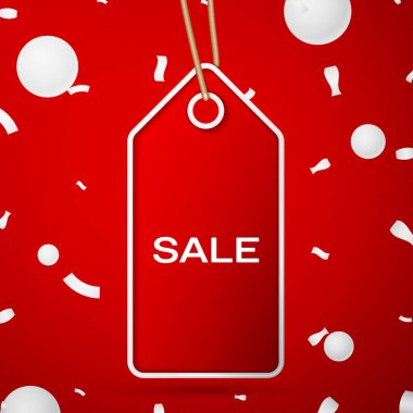 Kırmızı bayrağı ile kırmızı bir arka plan ve konfeti üzerinde bir yazıt Satılık. Satılık konsept mağazalar için mağaza Pazar, web ve diğer ticaret. Vektör çizim