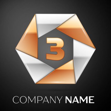 Üç numaralı vektör logo simge siyah arka plan üzerinde renkli altıgen. Tasarımınız için vektör şablonu