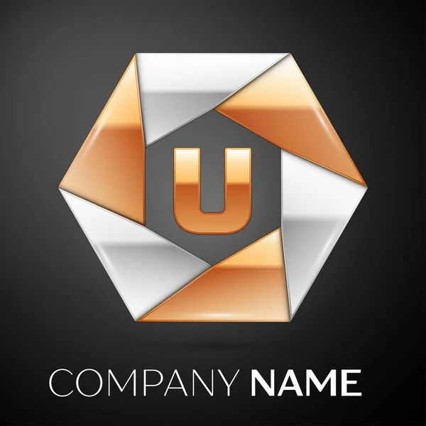 Letter U vector logo symbol in the colorful hexagon on black background. Vector template for your design — Stock Vector