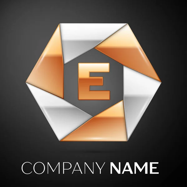 Písmeno E vektorové logo symbol v barevné šestiúhelníku na černém pozadí. Vektor šablona pro návrh — Stockový vektor
