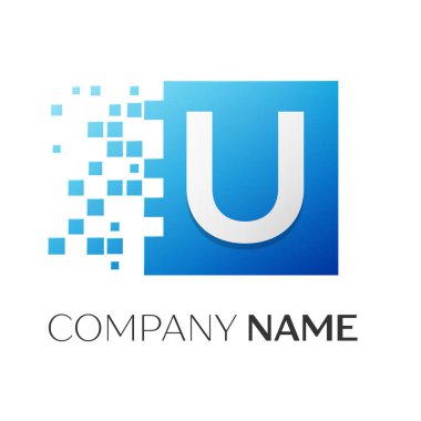 U harfi vektör logo simge paramparça bloklar beyaz arka plan üzerinde renkli kare. Tasarımınız için vektör şablonu