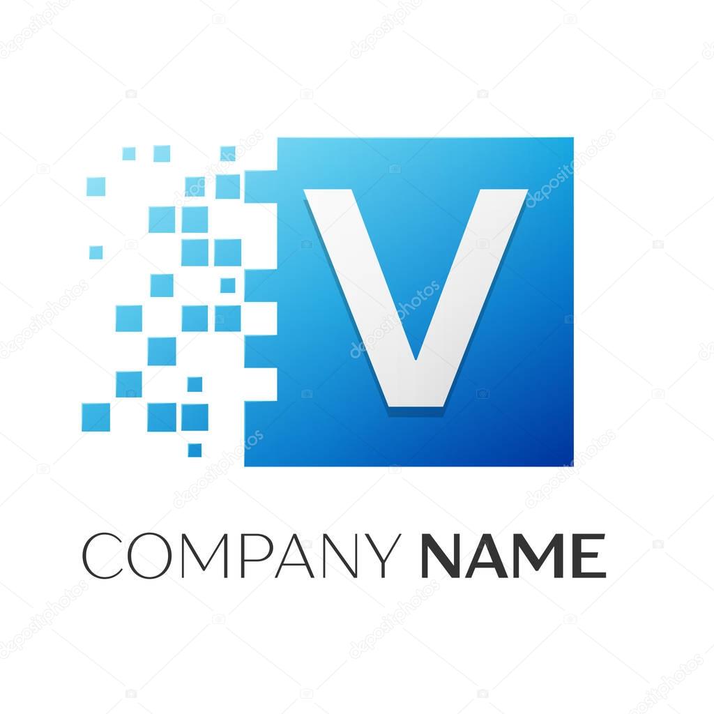 Letter V vector logo symbol in the colorful square with shattered blocks on white background. Vector template for your design