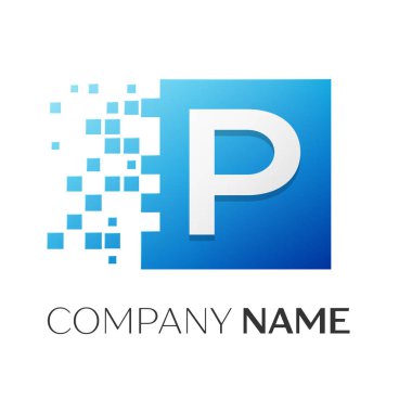 Mektup P paramparça bloklar beyaz arka plan üzerinde renkli kare logo simge vektör. Tasarımınız için vektör şablonu