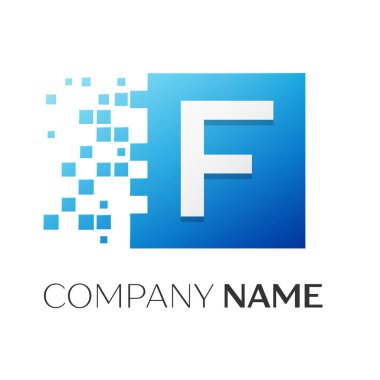 F harfi vektör logo simge paramparça bloklar beyaz arka plan üzerinde renkli kare. Tasarımınız için vektör şablonu