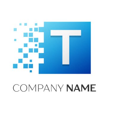 T harfinin vektör logo simge paramparça bloklar beyaz arka plan üzerinde renkli kare. Tasarımınız için vektör şablonu