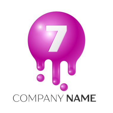 Yedi numara sıçrama logosunu görmeniz gerekir. Mor noktalar ve kabarcıklar numara tasarım gri arka plan üzerinde. Vektör çizim.