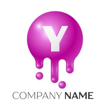 Y harfi sıçrama logosunu görmeniz gerekir. Mor noktalar ve kabarcıklar mektup tasarım gri arka plan üzerinde. Vektör çizim.