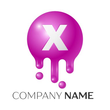 X harfi sıçrama logo. Mor noktalar ve kabarcıklar mektup tasarım gri arka plan üzerinde. Vektör çizim.