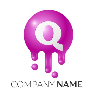 Q harfi sıçrama logosunu görmeniz gerekir. Mor noktalar ve kabarcıklar mektup tasarım gri arka plan üzerinde. Vektör çizim.