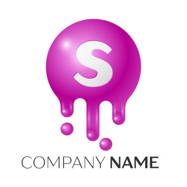 S harfi sıçrama logosunu görmeniz gerekir. Mor noktalar ve kabarcıklar mektup tasarım gri arka plan üzerinde. Vektör çizim.
