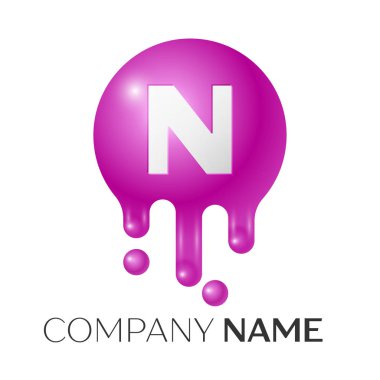 N harfi sıçrama logosunu görmeniz gerekir. Mor noktalar ve kabarcıklar mektup tasarım gri arka plan üzerinde. Vektör çizim.