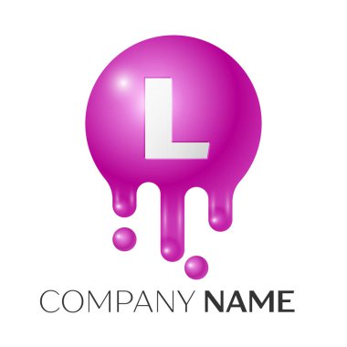 L harfi sıçrama logosunu görmeniz gerekir. Mor noktalar ve kabarcıklar mektup tasarım gri arka plan üzerinde. Vektör çizim.