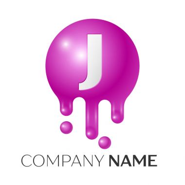 J harfi sıçrama logosunu görmeniz gerekir. Mor noktalar ve kabarcıklar mektup tasarım gri arka plan üzerinde. Vektör çizim.