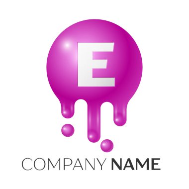 E mektup sıçrama logosunu görmeniz gerekir. Mor noktalar ve kabarcıklar mektup tasarım gri arka plan üzerinde. Vektör çizim.