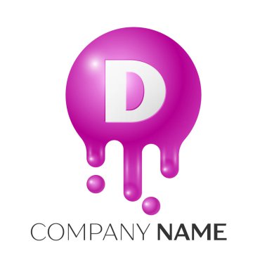D harfi sıçrama logosunu görmeniz gerekir. Mor noktalar ve kabarcıklar mektup tasarım gri arka plan üzerinde. Vektör çizim.