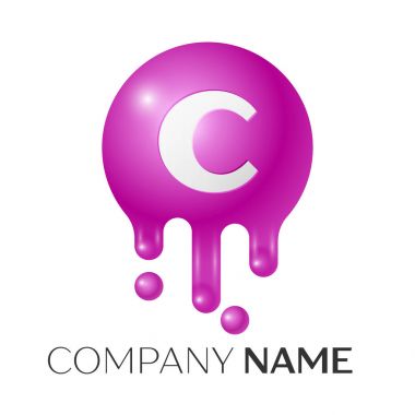 C harfi sıçrama logosunu görmeniz gerekir. Mor noktalar ve kabarcıklar mektup tasarım gri arka plan üzerinde. Vektör çizim.