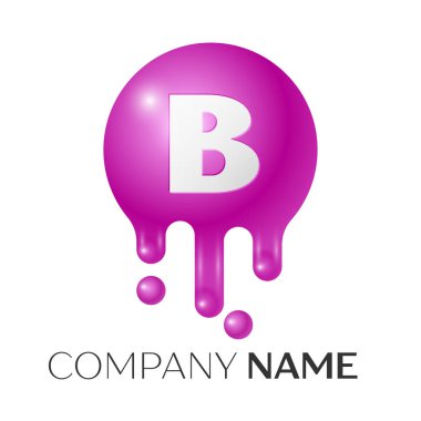 B harfi sıçrama logosunu görmeniz gerekir. Mor noktalar ve kabarcıklar mektup tasarım gri arka plan üzerinde. Vektör çizim.