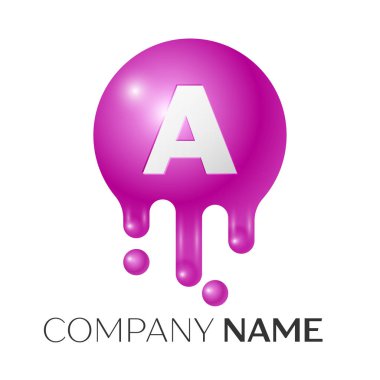 Bir mektup sıçrama logo. Mor noktalar ve kabarcıklar mektup tasarım gri arka plan üzerinde. Vektör çizim.