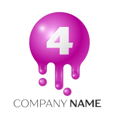 Dört numaralı sıçrama logosunu görmeniz gerekir. Mor noktalar ve kabarcıklar numara tasarım gri arka plan üzerinde. Vektör çizim.