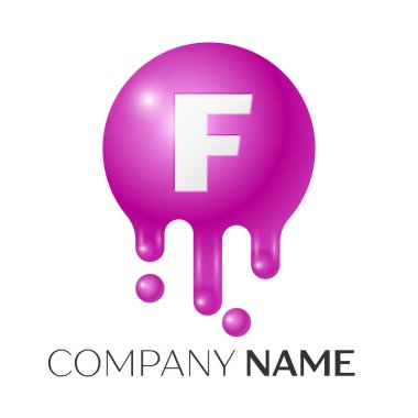 F harfi sıçrama logosunu görmeniz gerekir. Mor noktalar ve kabarcıklar mektup tasarım gri arka plan üzerinde. Vektör çizim.