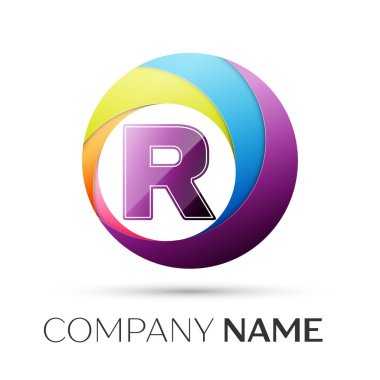 Harf R vektör logo sembol gri arka plan üzerinde renkli daire içinde. Tasarımınız için vektör şablonu