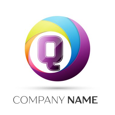 Harf Q vektör logo sembol gri arka plan üzerinde renkli daire içinde. Tasarımınız için vektör şablonu