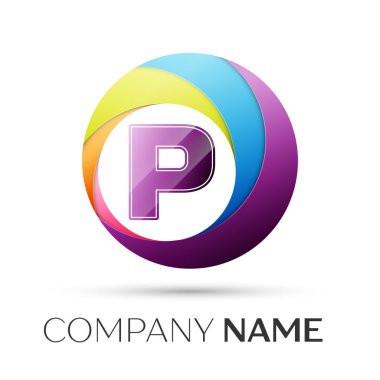 Mektup P gri arka plan üzerinde renkli daire içinde logo simge vektör. Tasarımınız için vektör şablonu