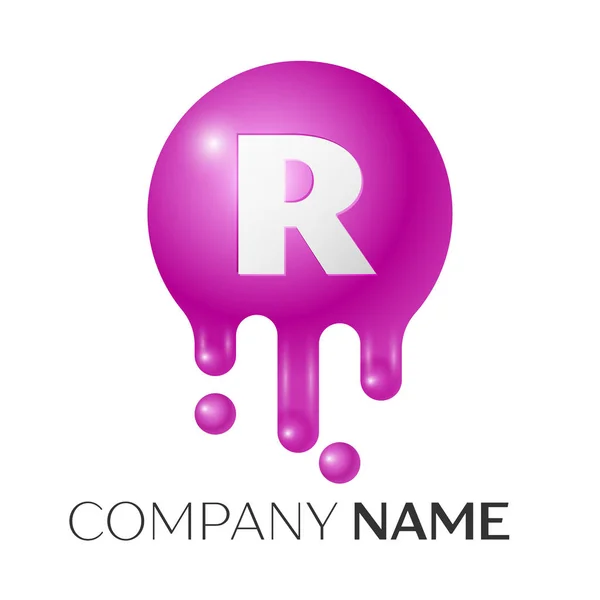 R Letter splash logo. Purple dots and bubbles letter design on grey background. Vector Illustration. — Stock Vector