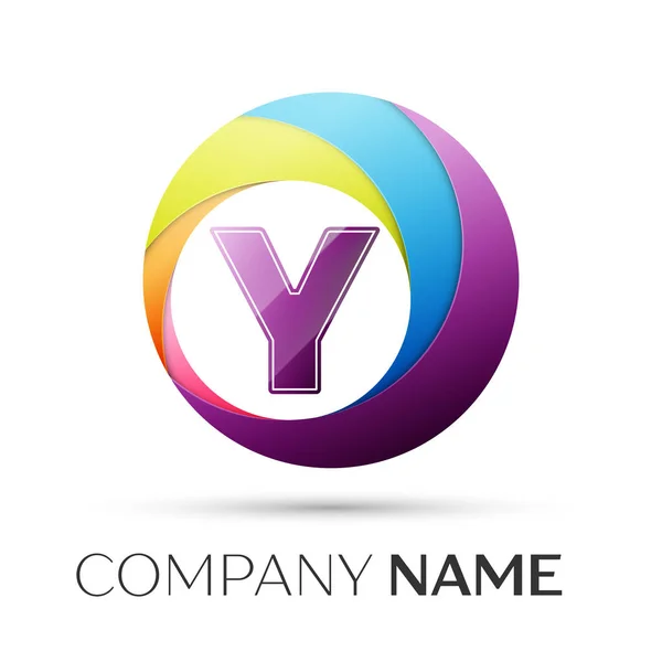 Písmeno Y vektorové logo symbol v barevné kolečko na šedém pozadí. Vektor šablona pro návrh — Stockový vektor