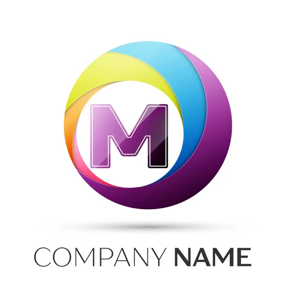 Letter M vector logo symbol in the colorful circle on grey background. Vector template for your design — Stock Vector