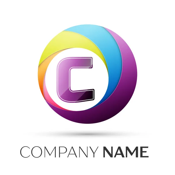 Letter C vector logo symbool in de kleurrijke cirkel op een grijze achtergrond. Vector sjabloon voor uw ontwerp — Stockvector