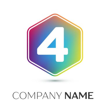 Dört numaralı vektör logo simge renkli gri arka plan üzerine altıgen. Tasarımınız için vektör şablonu