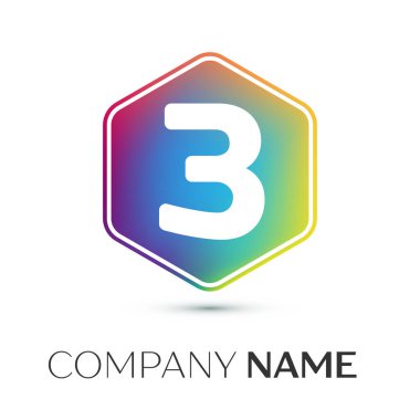 Üç numaralı vektör logo simge renkli gri arka plan üzerine altıgen. Tasarımınız için vektör şablonu