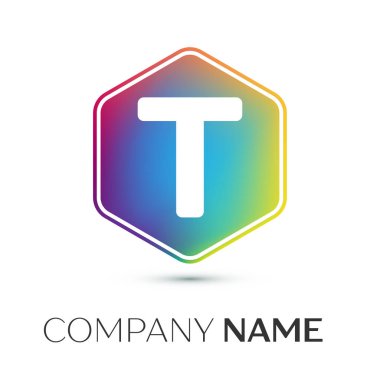 T harfinin vektör logo simge renkli gri arka plan üzerine altıgen. Tasarımınız için vektör şablonu