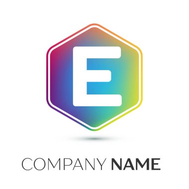 E harfinin vektör logo simge renkli gri arka plan üzerine altıgen. Tasarımınız için vektör şablonu