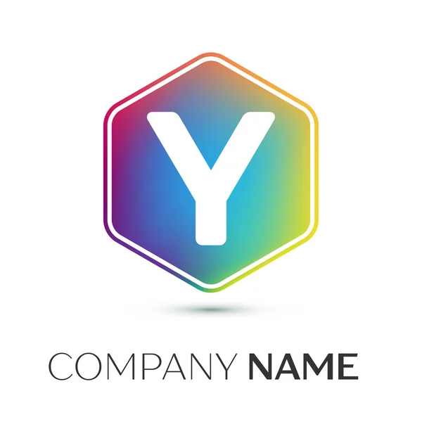 Letter Y vector logo symbol in the colorful hexagonal on grey background. Vector template for your design — Stock Vector