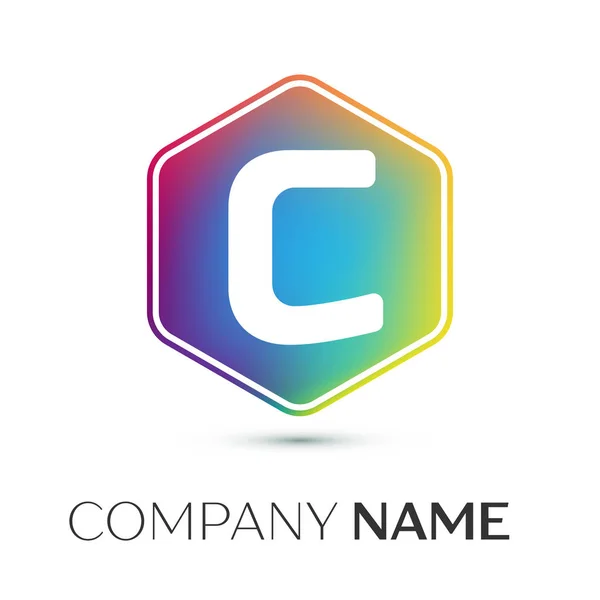 Letter C vector logo symbol in the colorful hexagonal on grey background. Vector template for your design — Stock Vector