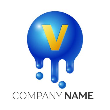 V harfi sıçrama logosunu görmeniz gerekir. Mavi noktalar ve kabarcıklar mektup tasarım gri arka plan üzerinde. Vektör çizim