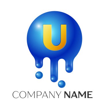 U harfi sıçrama logosunu görmeniz gerekir. Mavi noktalar ve kabarcıklar mektup tasarım gri arka plan üzerinde. Vektör çizim